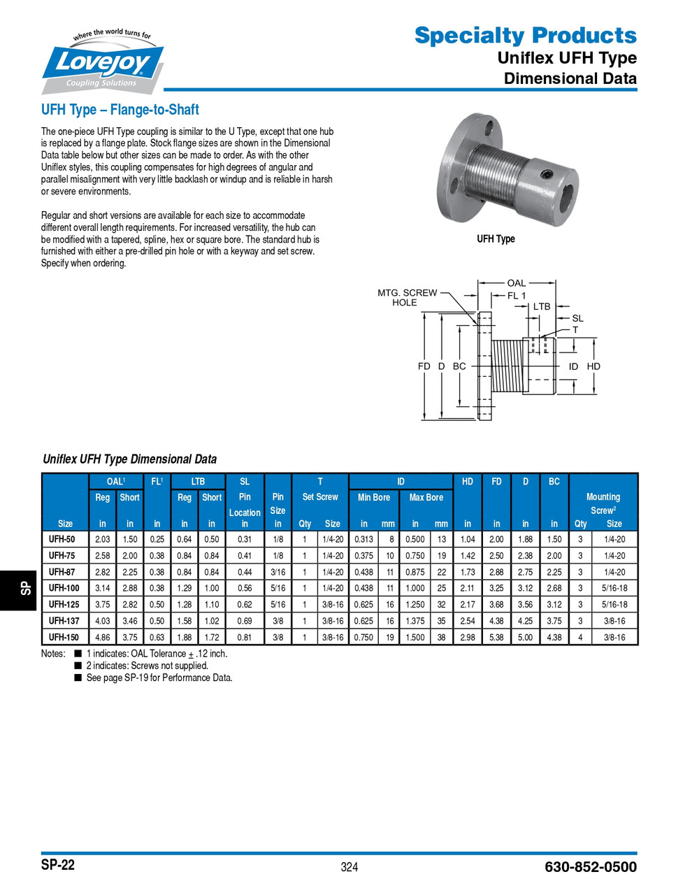 3/4" Shaft Lovejoy® Series UFH-75 Uniflex Flange-Shaft Coupling   UFH75R-CP-3/4-3/16X3/32KW-2.38 PILOT