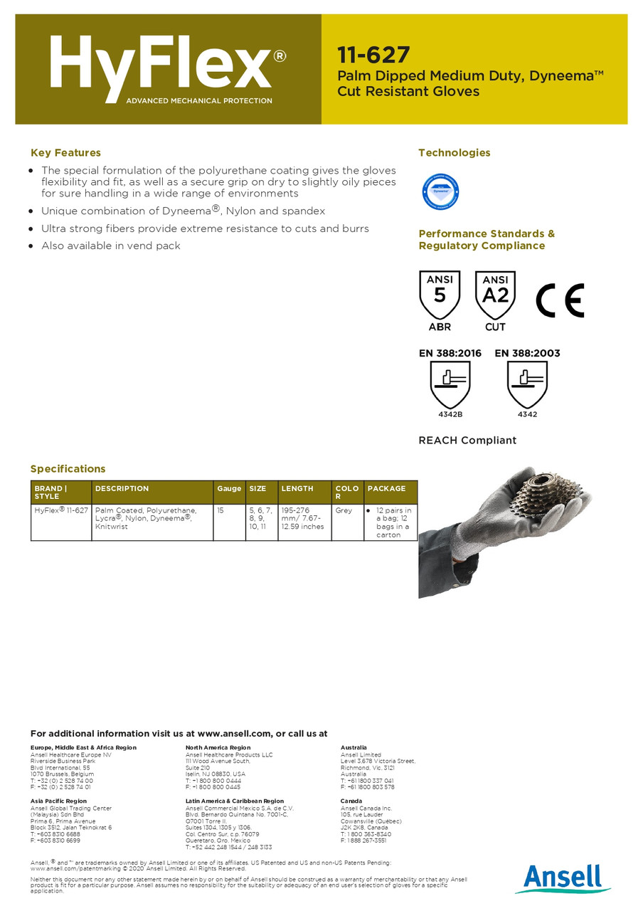 Ansell Hy-Flex® Polyurethane Coated Dyneema® Cut Resistant Glove  11-627