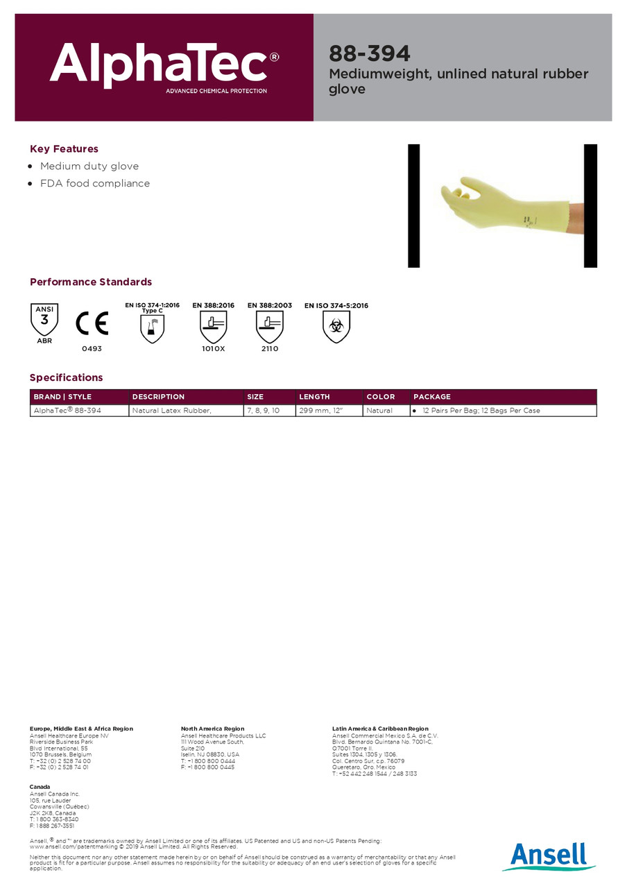 Ansell AlphaTec® Un-lined Latex Chemical Glove  88-394