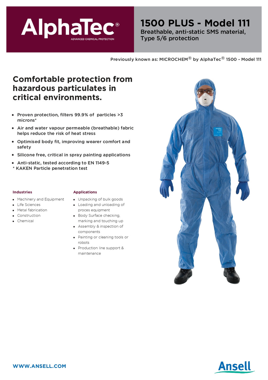 Ansell AlphaTec® 1500+ Series "FR" General Duty Anti-Static Chemical Suit w/Hood  NR17-S-92-111