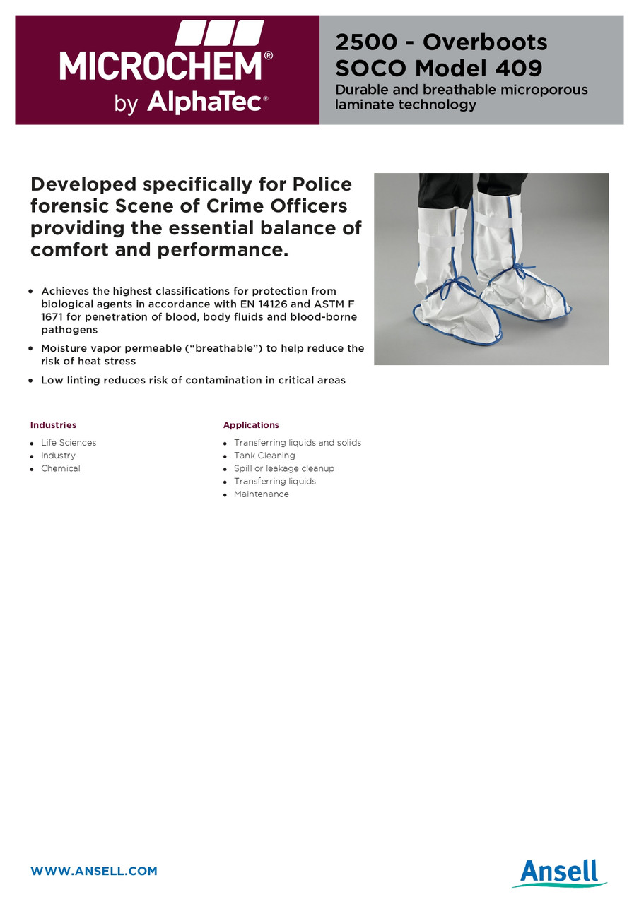 Ansell AlphaTec® 2500 Series Heavy Duty Pathogen/Bloodborne SOCO Overboots  WH25-B-92-409