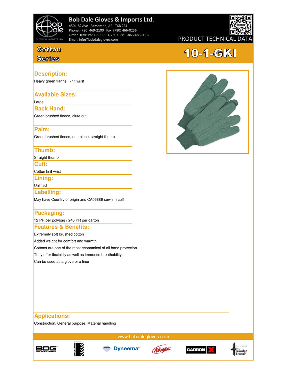 Brushed Cotton Fleece Lined Knitwrist Green King  10-1-GKI