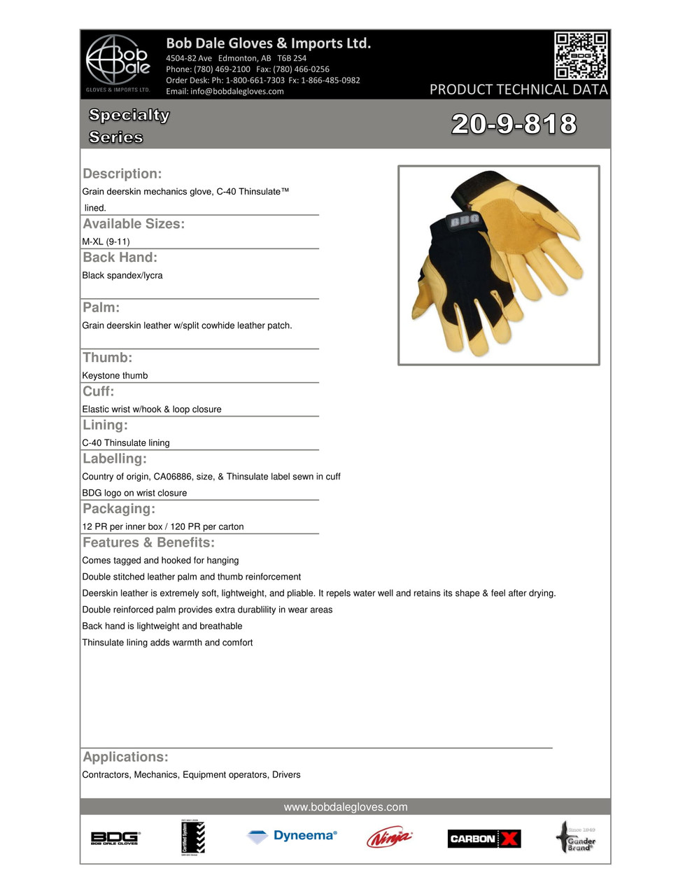 Mechanics Glove Grain Deerskin Thinsulate® C40 Keystone Thumb Tan  20-9-818