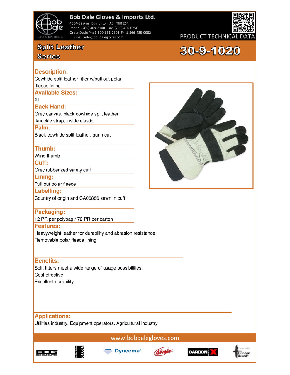Winter Split Cowhide Canvasback Fitter w/Pullout Polar Fleece Liner Black  30-9-1020-XL