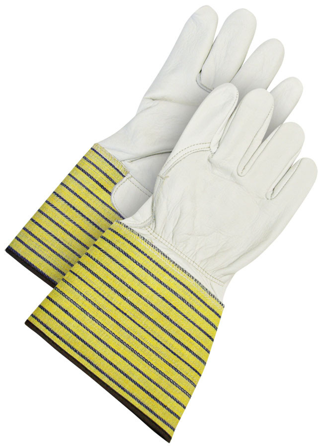 Ladies Grain Cowhide Canvasback Fitter Gauntlet Fleece Lined Yellow/Blue Stripe  40-1-2510-W