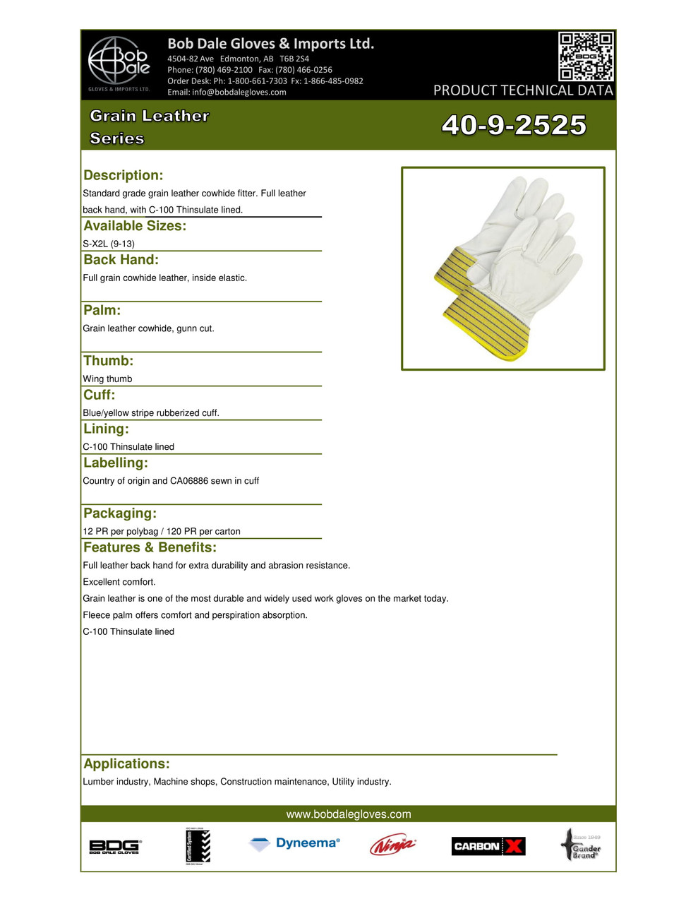 Winter Grain Cowhide Canvasback Fitter Safety Cuff Thinsulate® C100 Yellow/Blue Stripe  40-9-2525