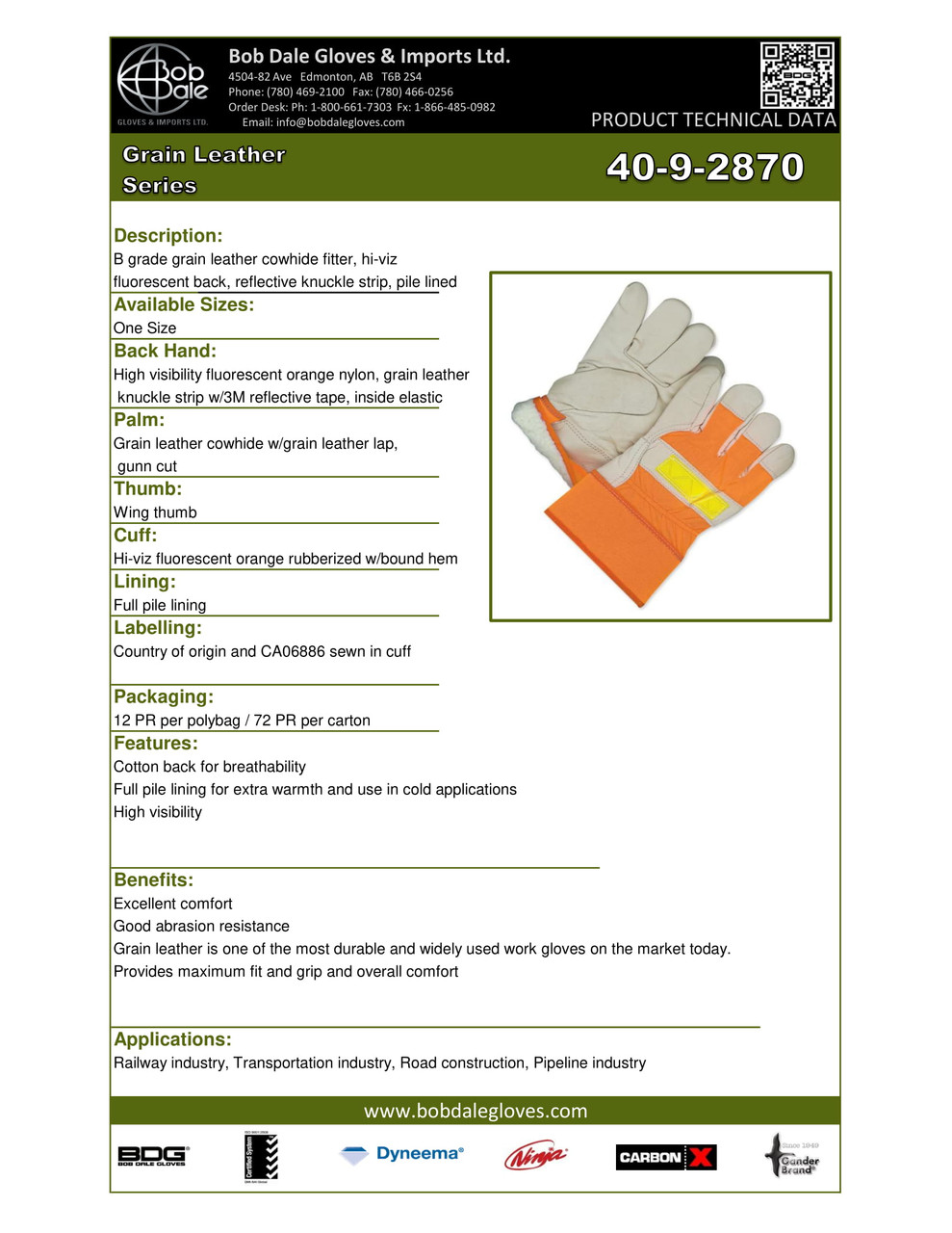 Winter Grain Cowhide Canvasback Fitter Pile Lined Hi-Viz Orange  40-9-2870