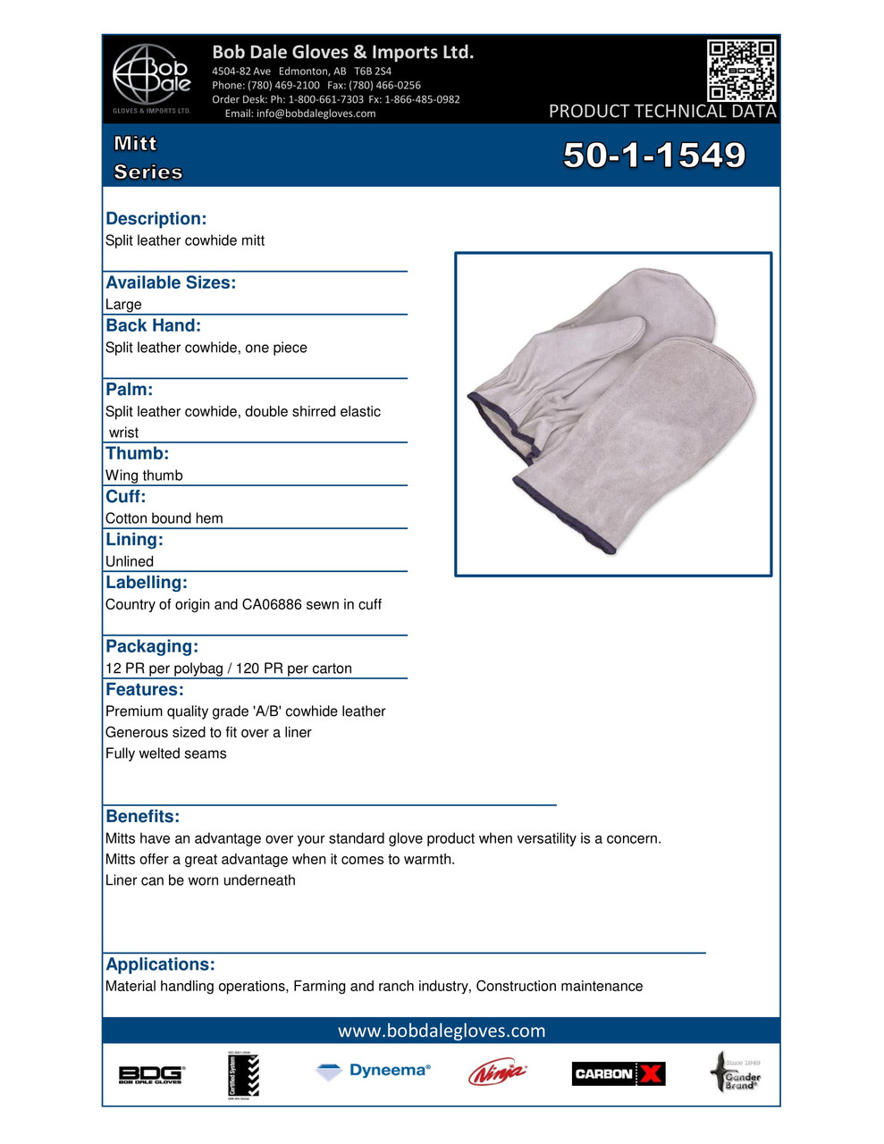 Split Cowhide Mitt w/Elastic Wrist  50-1-1549