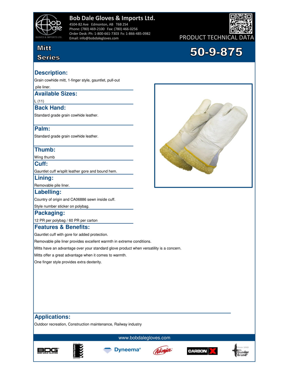 Winter Grain Cowhide Mitt One Finger w/Pullout Pile Liner Gauntlet  50-9-875-L
