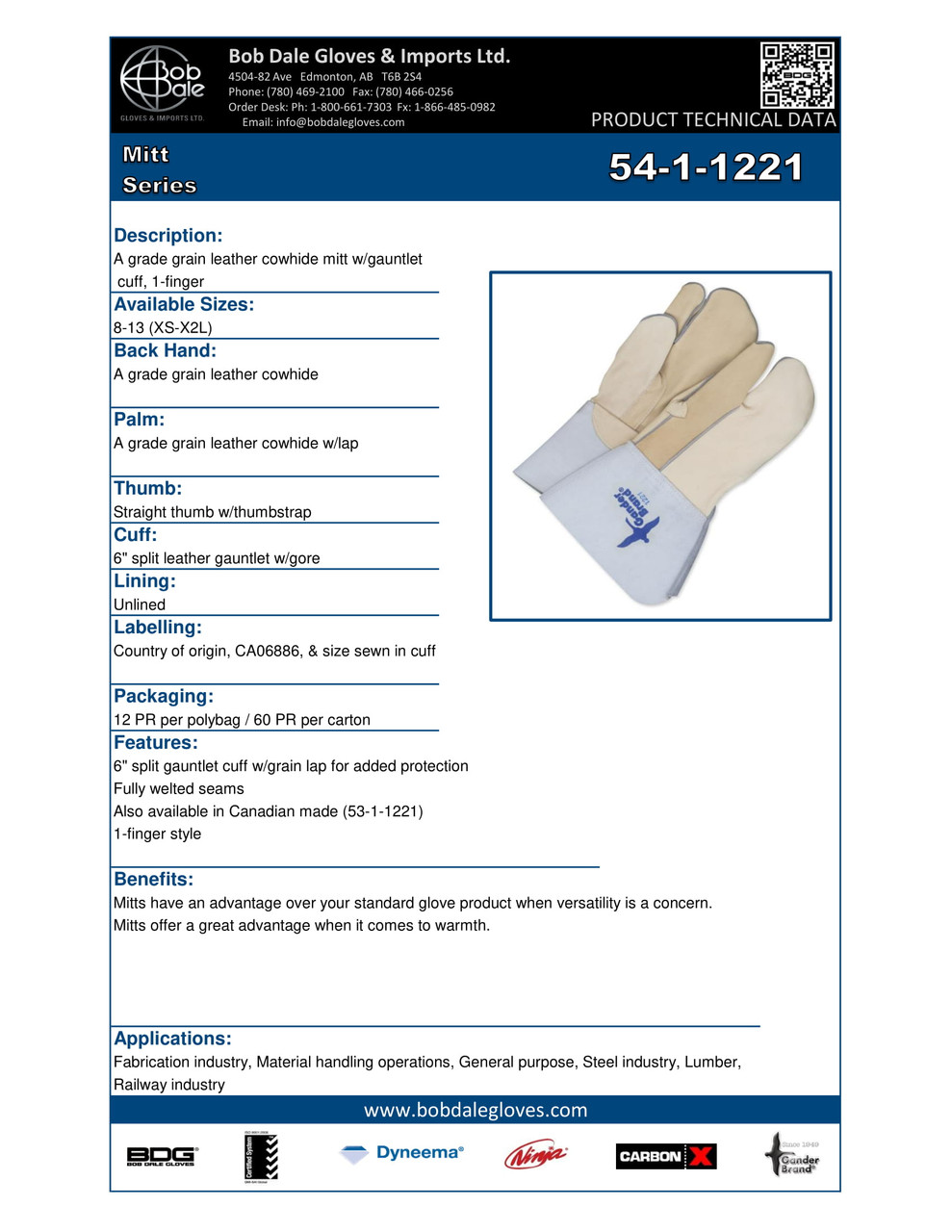Grain Cowhide One Finger Mitt w/6" Split Cowhide Gauntlet  54-1-1221