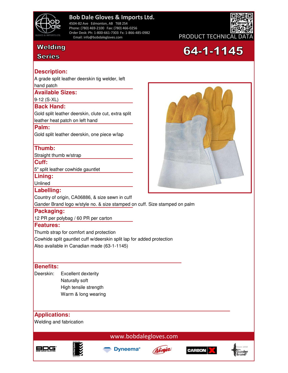 Split Deerskin Tig Weld Glove w/5" Split Cowhide Gauntlet & Left Hand Heat Shield  64-1-1145