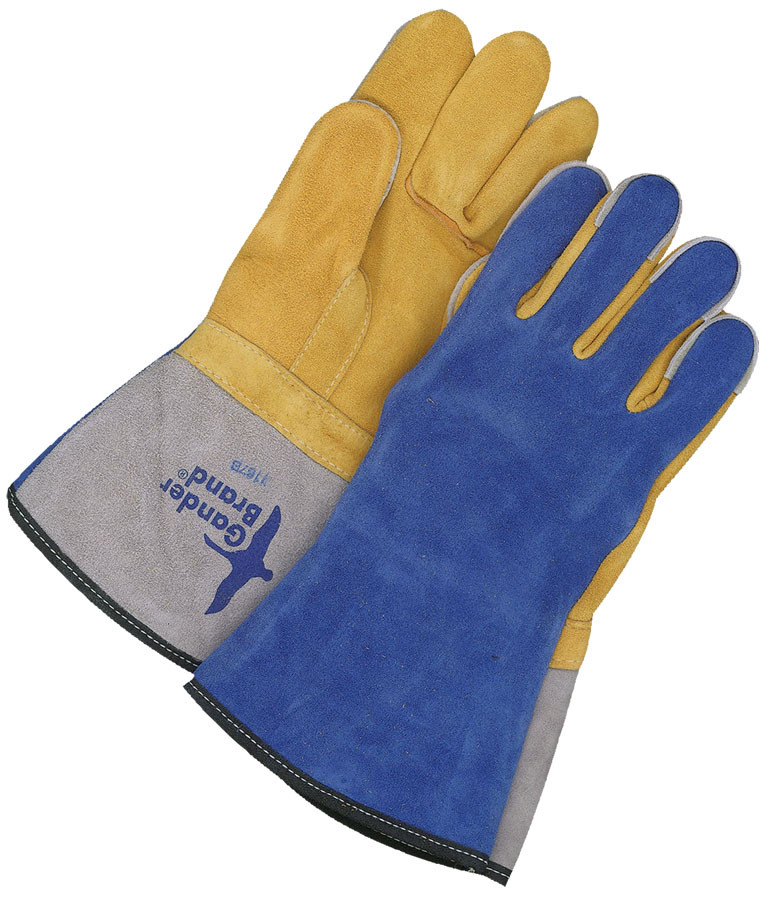 Split Deerskin Tig Weld Glove Fleece Lined Backhand w/5" Split Cowhide Gauntlet Blue/Gold  64-1-1167B