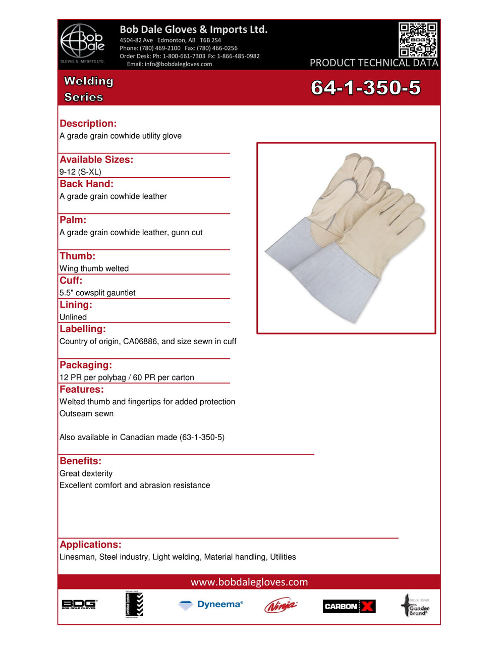 Grain Cowhide Utility Weld Glove w/5" Gauntlet Outseam Sewn  64-1-350-5