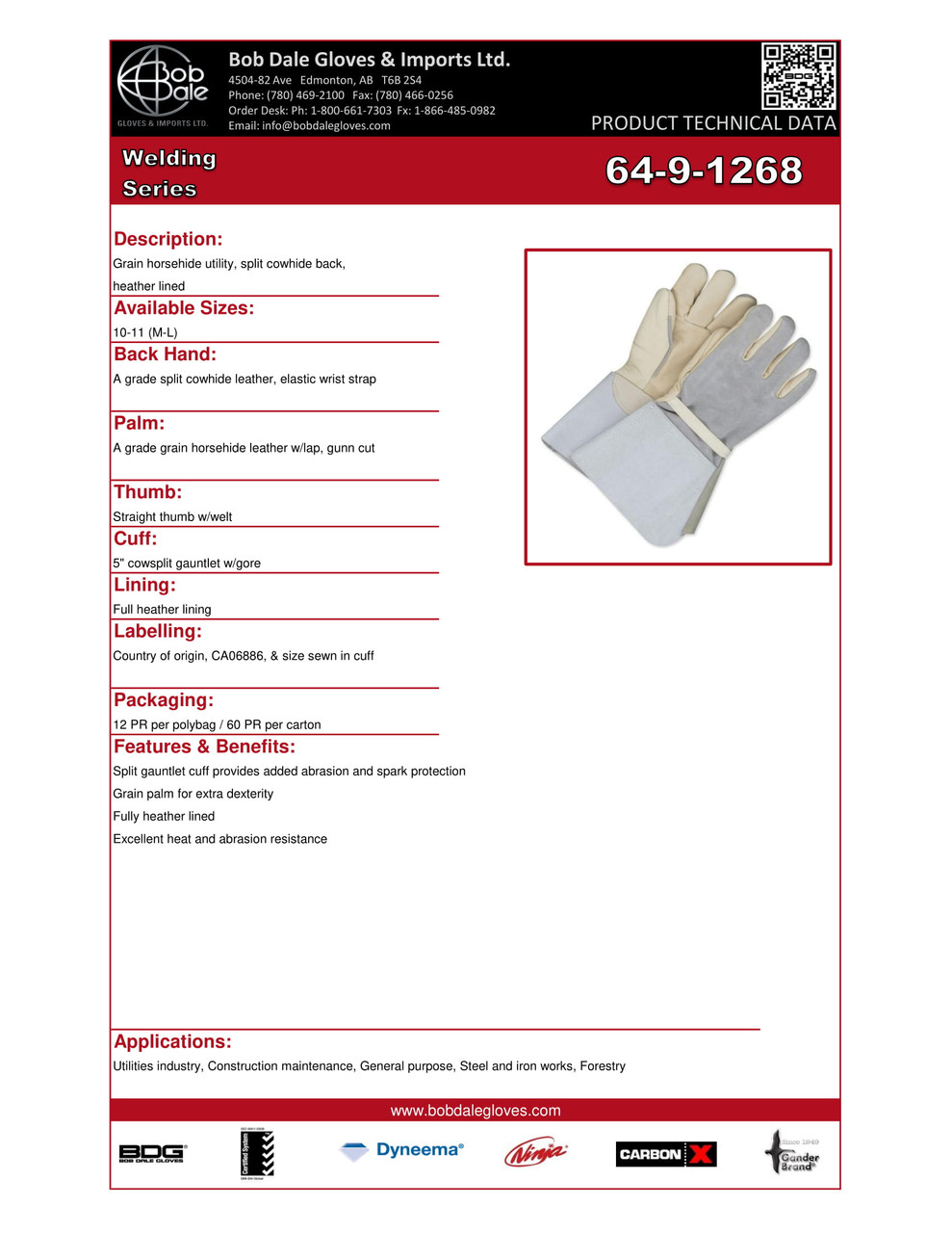 Winter Grain Cowhide Weld Glove Heather Lined w/5" Split Cowhide Gauntlet  64-9-1268