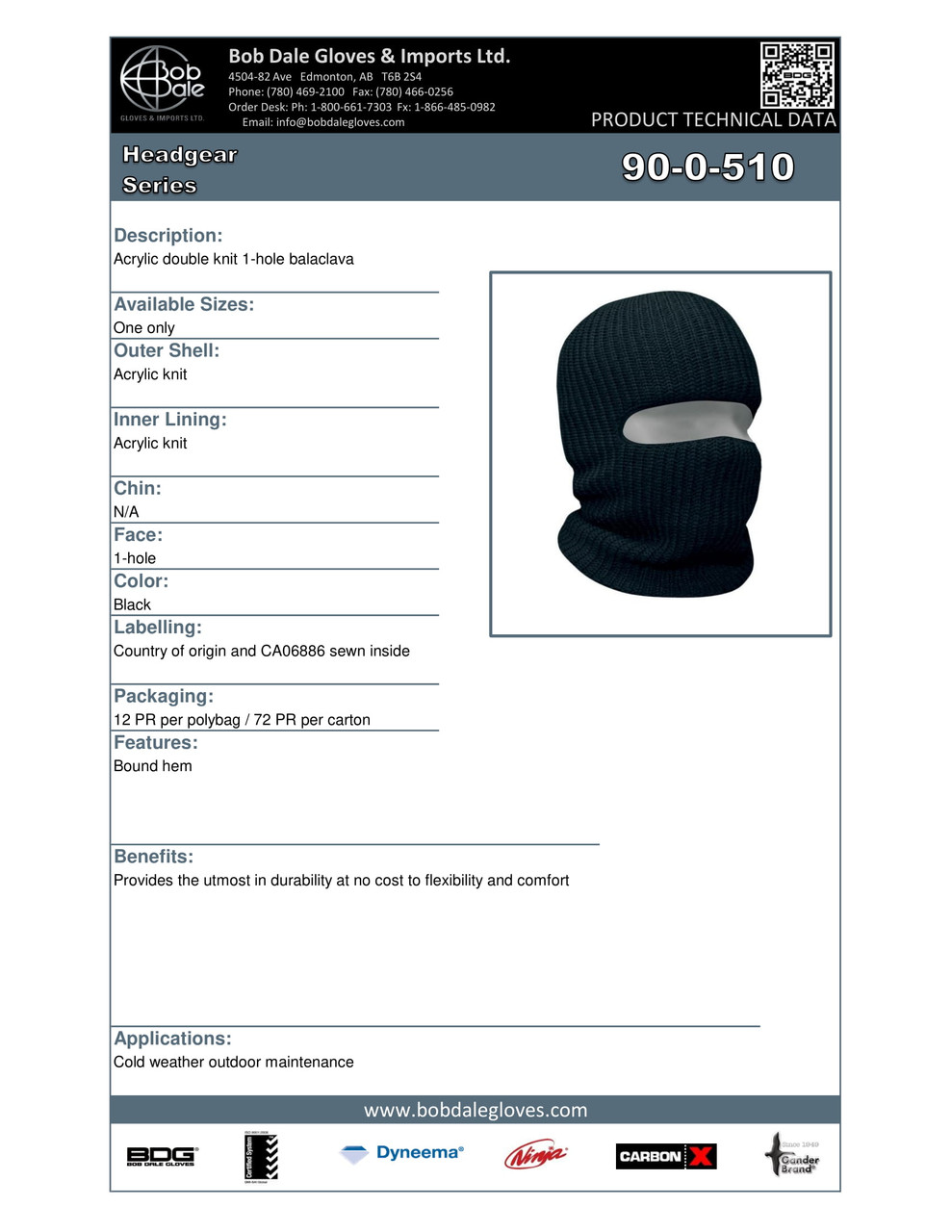 Balaclava One Hole Black Acrylic  90-0-510