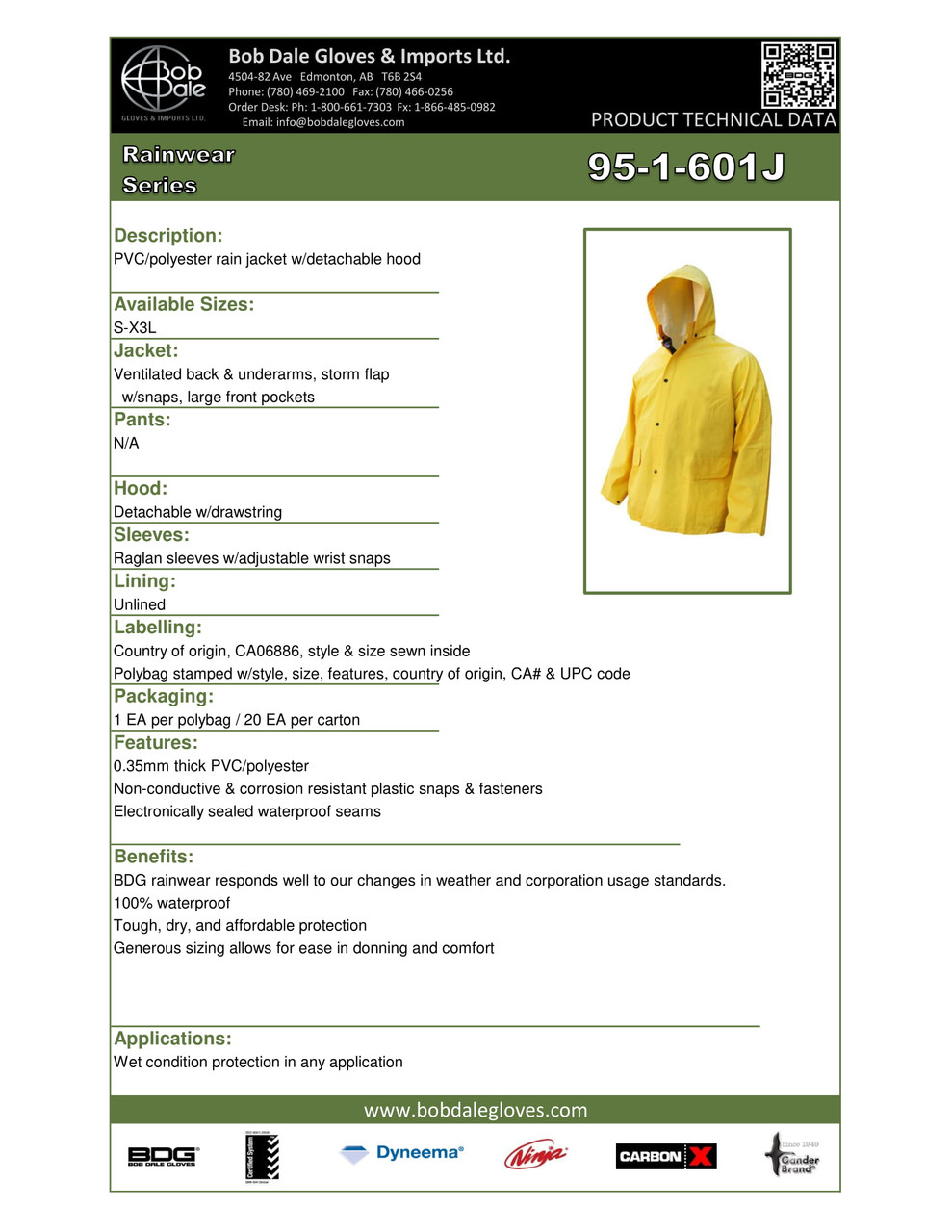 PVC/Polyester Rain Jacket w/Hood  95-1-601J