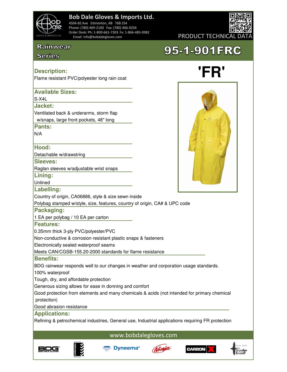 PVC/Polyester FR Long Rain Jacket w/Hood  95-1-901FRC