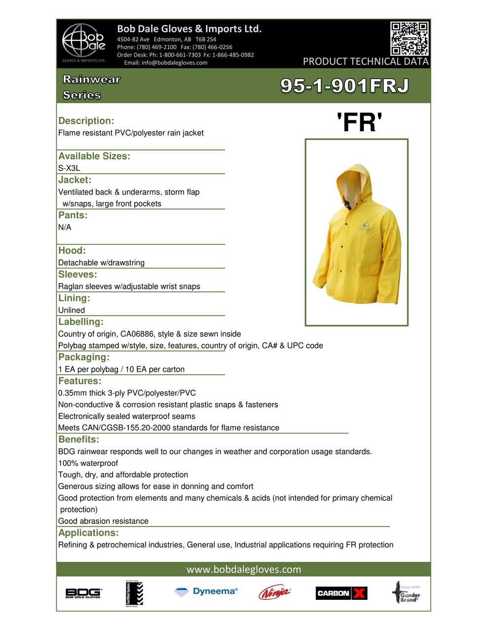 PVC/Polyester FR Waist Length Rain Jacket w/Hood  95-1-901FRJ