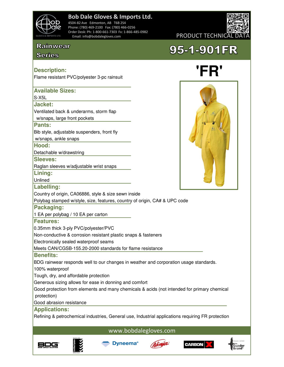 PVC/Polyester FR Waist Length Rain Jacket w/Hood & Bib Pants  95-1-901FR