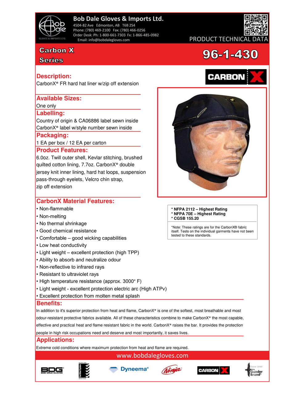 Carbon X® FR Hard Hat Liner w/Zipoff Extension  96-1-430
