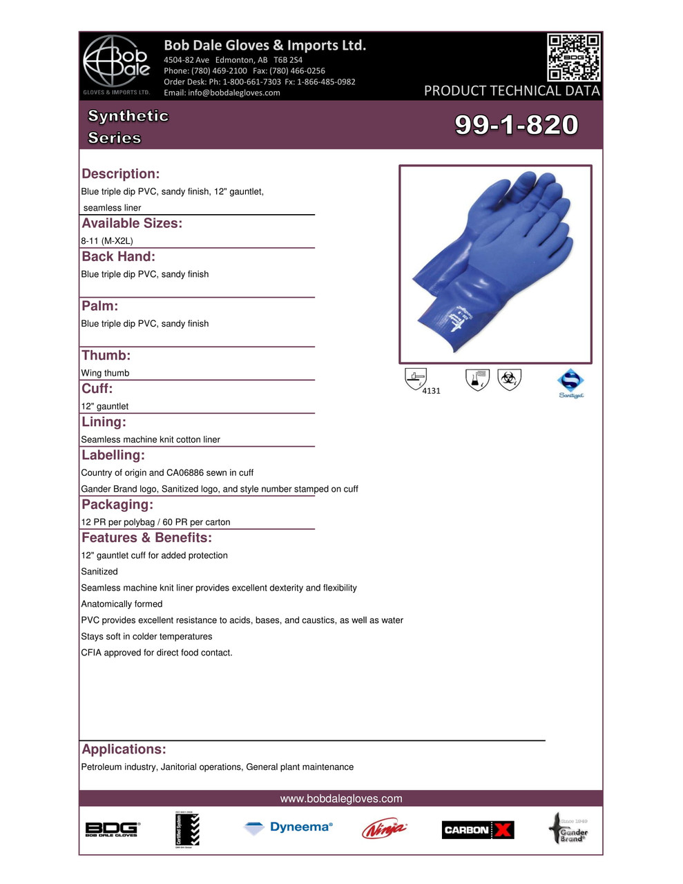 Gander® PVC Triple Dipped Cotton Knit 12" Gauntlet Blue  99-1-820