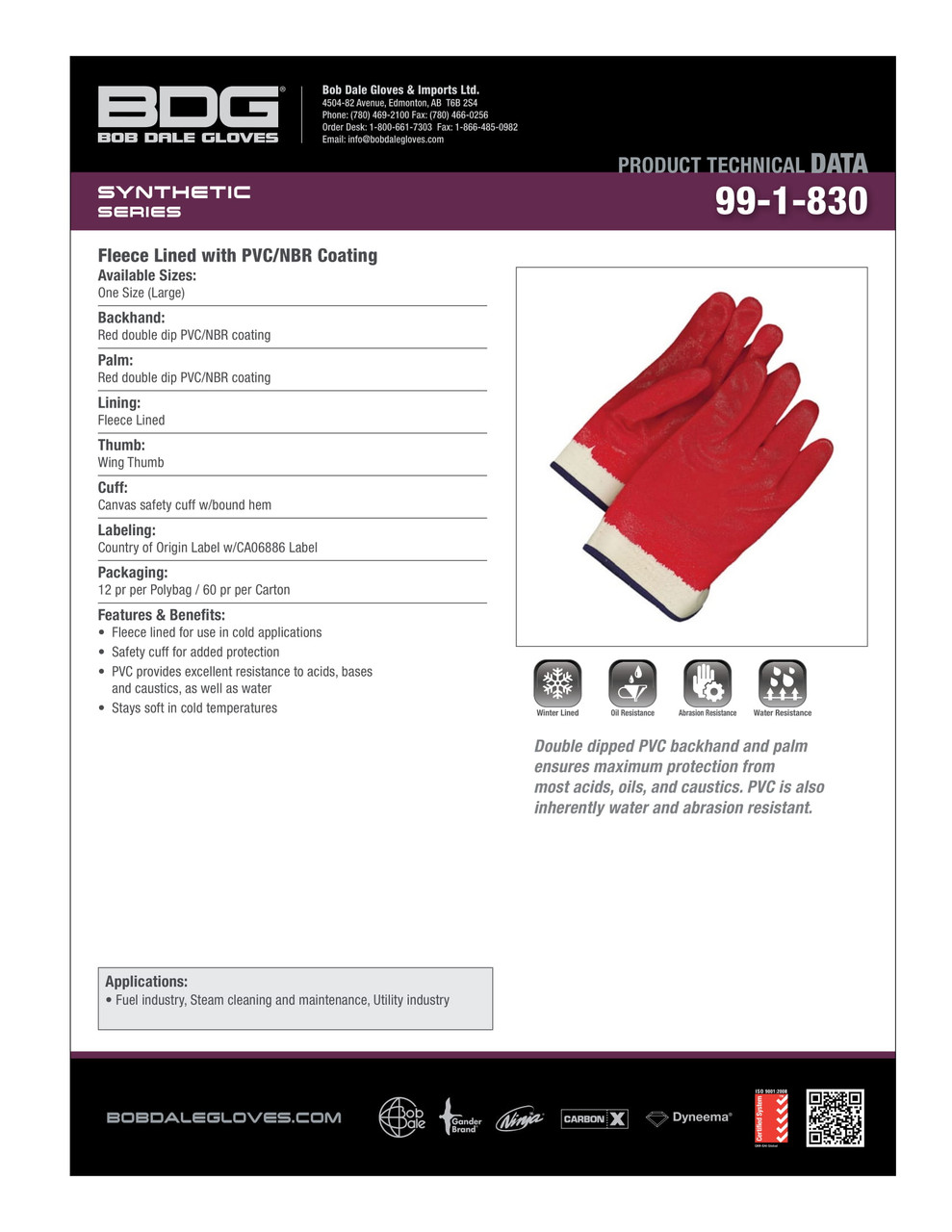 BDG® PVC Double Dipped Fleece Lined Glove Red w/Canvas Safety Cuff  99-1-830