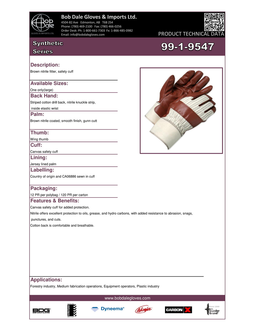 BDG® Brown Nitrile Coated White Canvasback Jersey Lined Glove w/3" Canvas Safety Cuff  99-1-9547