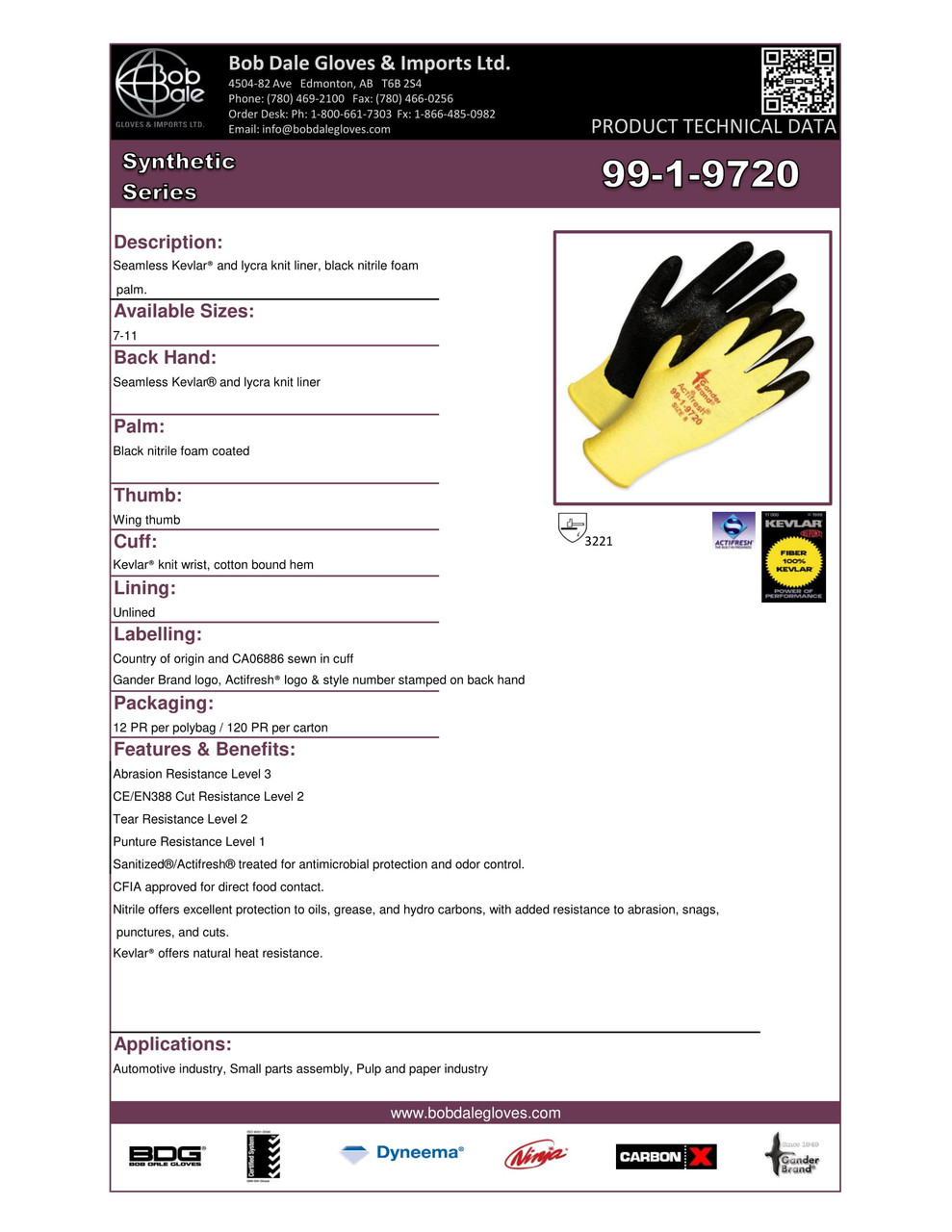 Gander® Nitrile Foam Coated Kevlar® Knit Cut-Rez Glove Yellow/Black  99-1-9720