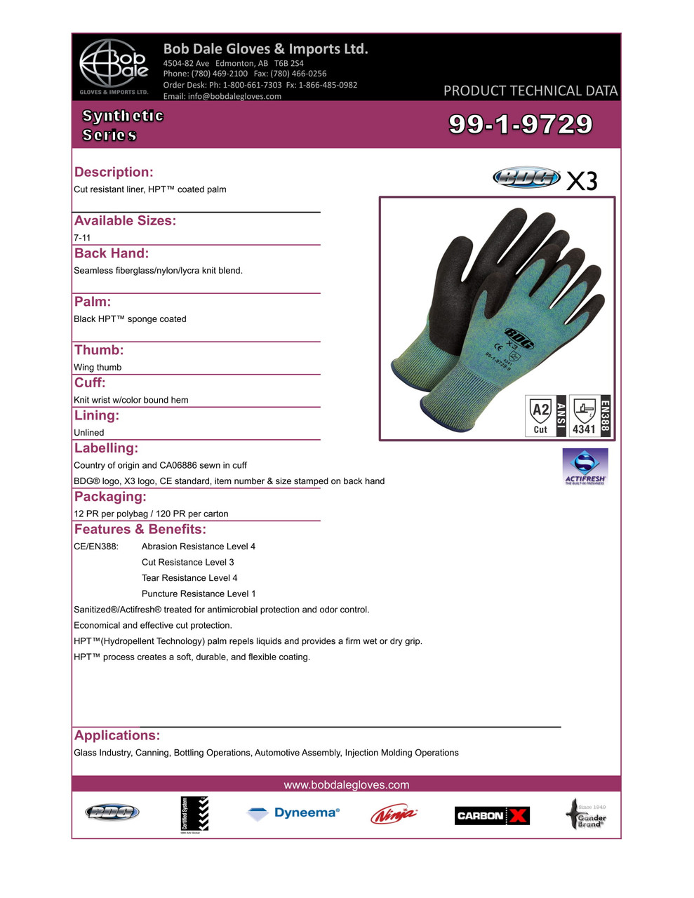 BDG® HPT Coated Fiberglass/Nylon/Lycra Knit Cut-Rez Glove Teal/Black  99-1-9729