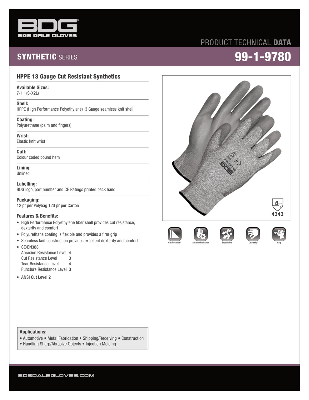BDG® Polyurethane Coated HPPE Knit Cut-Rez Glove Grey  99-1-9780