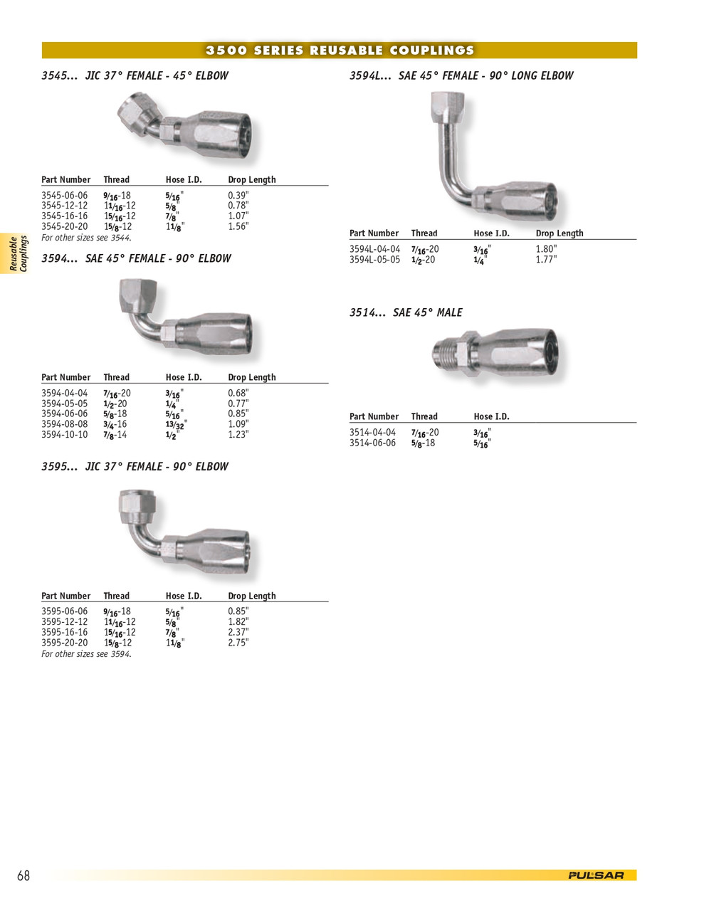 1/4 x 5/16" Pulsar 3500 Series Reusable Hose End - Female 45° SAE Swivel 90° Elbow  3594-05-05