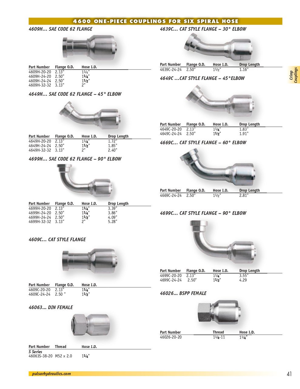 1-1/4 x 1-1/4 (2.13" Flange) Pulsar 4600 Series Hose Crimp - CAT® Style Flange 90° Elbow  4699C-20-20