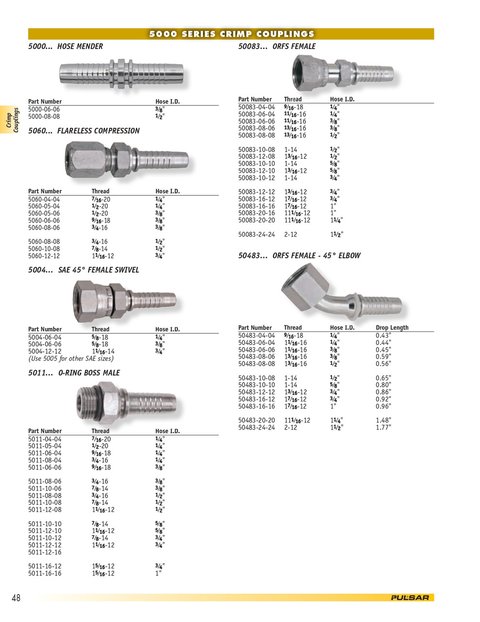 1/4 x 9/16"-18 Pulsar 5000 Series Hose Barb - Female ORFS Swivel 45° Elbow  50483-04-04