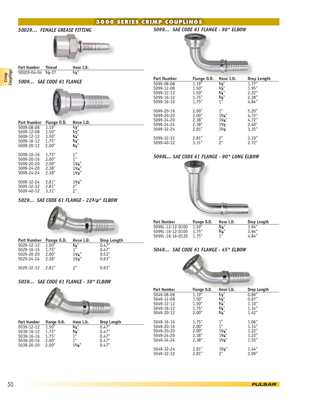 2 x 2" (2.81" Flange) Pulsar 5000 Series Hose Barb - Code 61 Flange 90° Elbow  5099-32-32