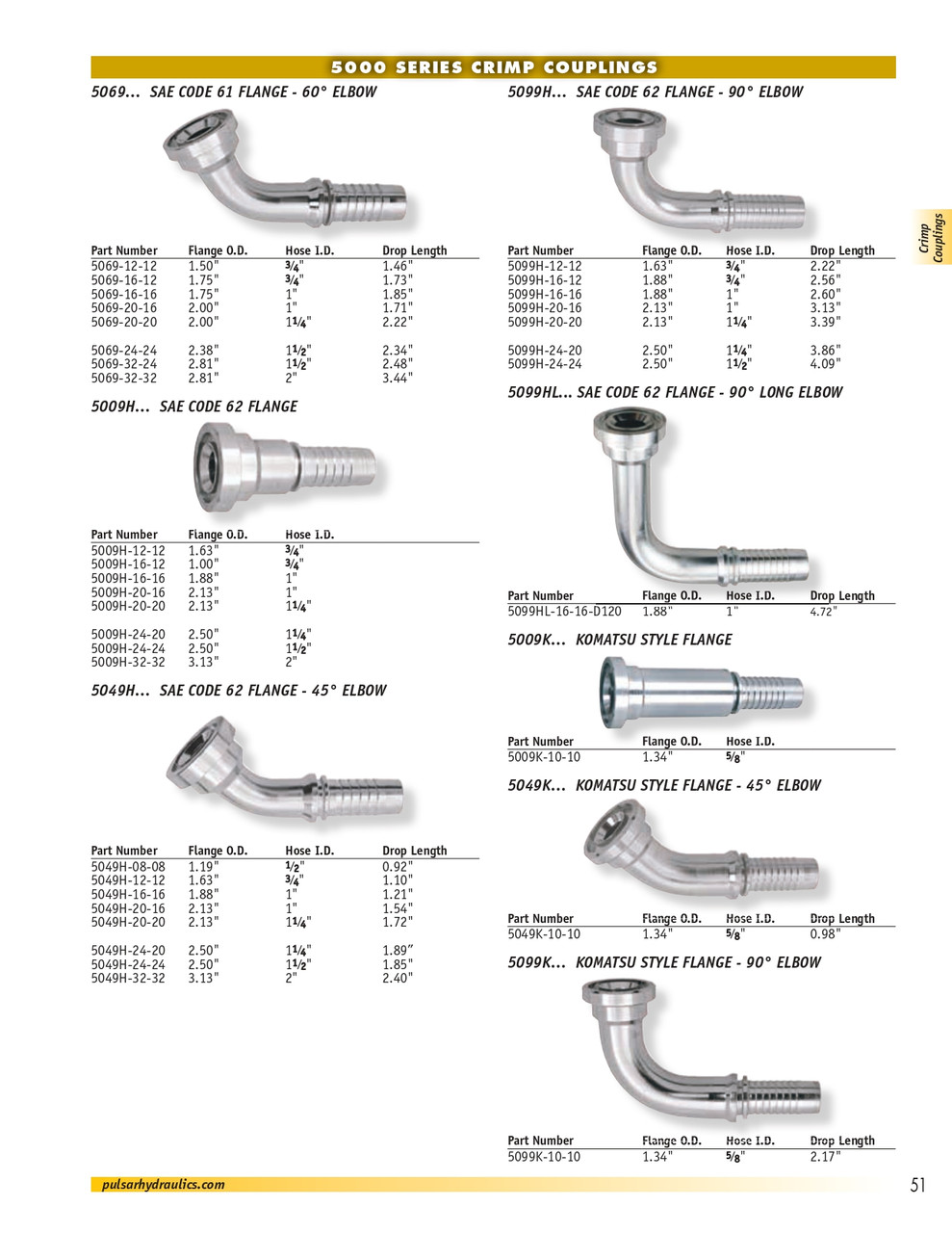 1 x 1-1/4" (2.13" Flange) Pulsar 5000 Series Hose Barb - Code 62 Flange 90° Elbow  5099H-20-16