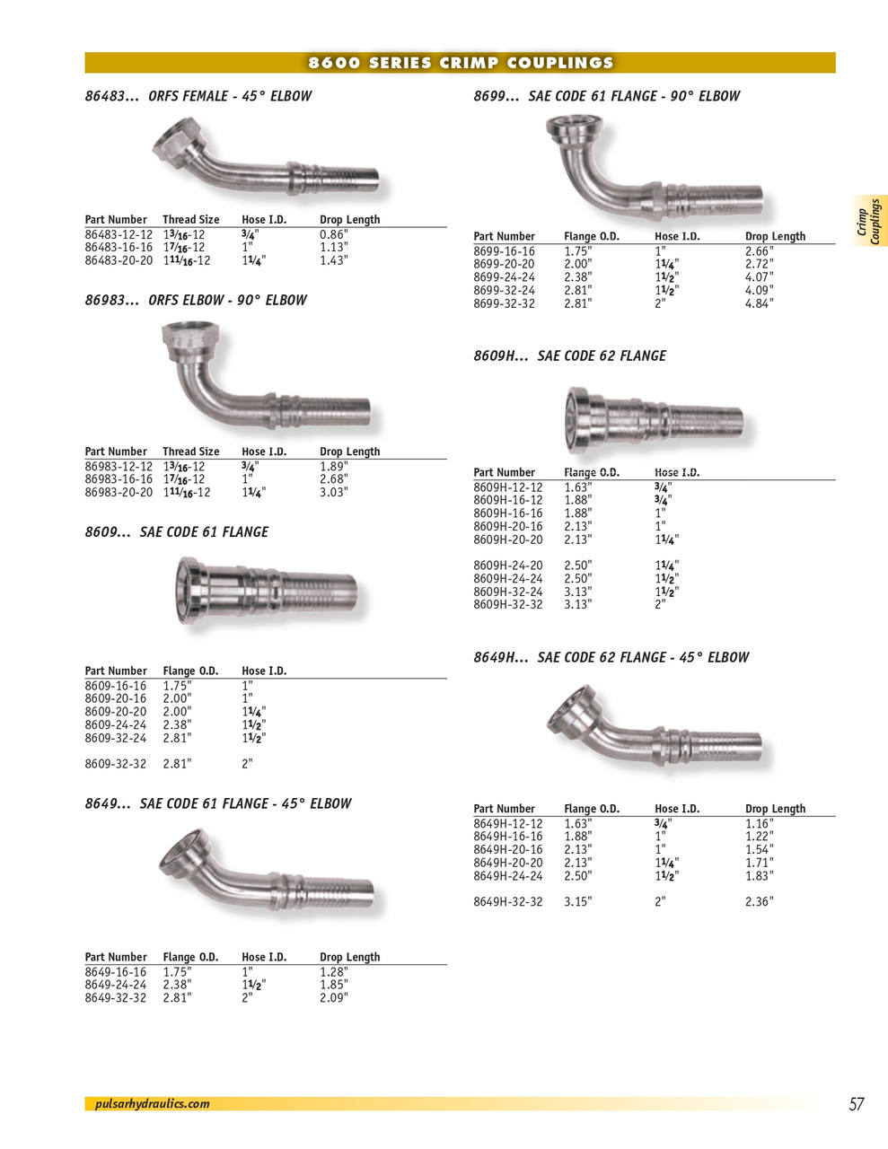 1-1/2 x 1-1/2" (2.50" Flange) Pulsar 8600 Series Hose Barb - Code 62 Flange 45° Elbow  8649H-24-24