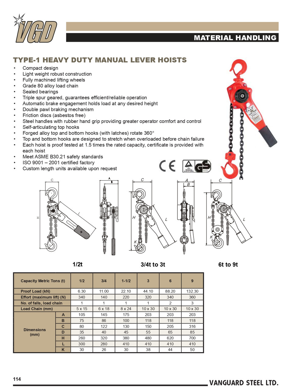 1-1/2T @ w/o Lift Heavy Duty VLH Series Lever Chain Hoist   3855 0015
