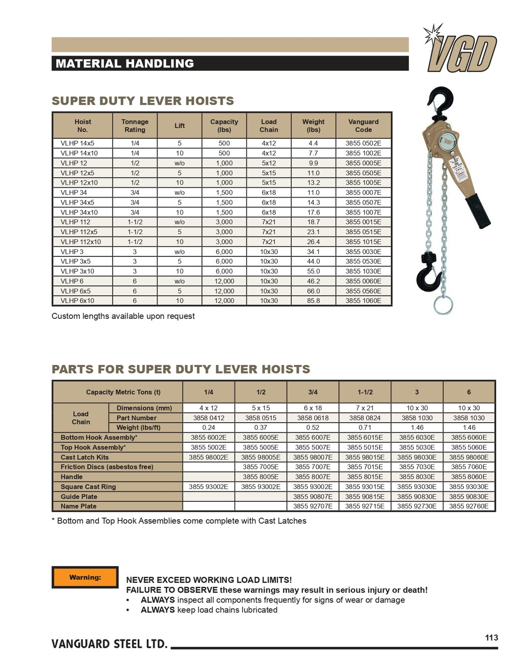 1-1/2T @ 10' Lift Super Duty VLHP Series Lever Chain Hoist   3855 1015E