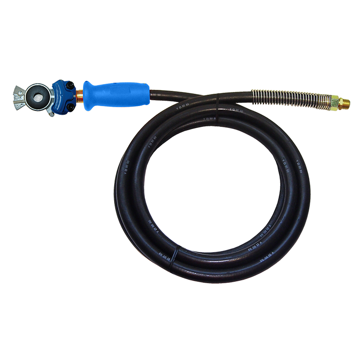 3/8" x 12' Black Rubber DOT SAE J1402 Air Brake Hose Assembly w/Blue Grip, Spring Guard & Glad Hand  HABBLU-12GGSG-GH