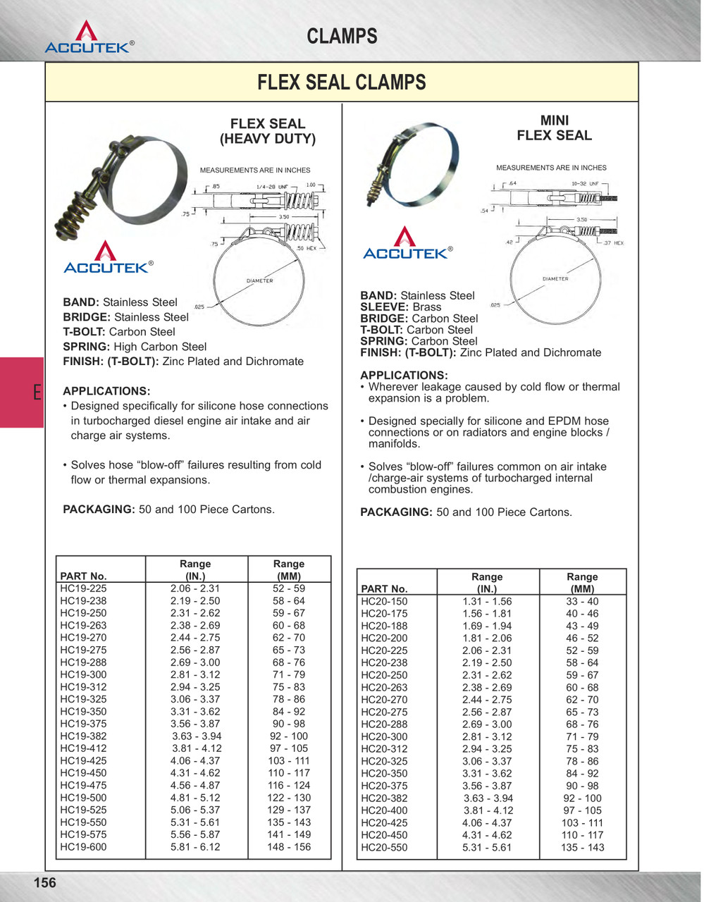 3.56 - 3.87" H/D Flex Seal T-Bolt Clamp - S/S Band - Ferrous Bolt  HC19-375