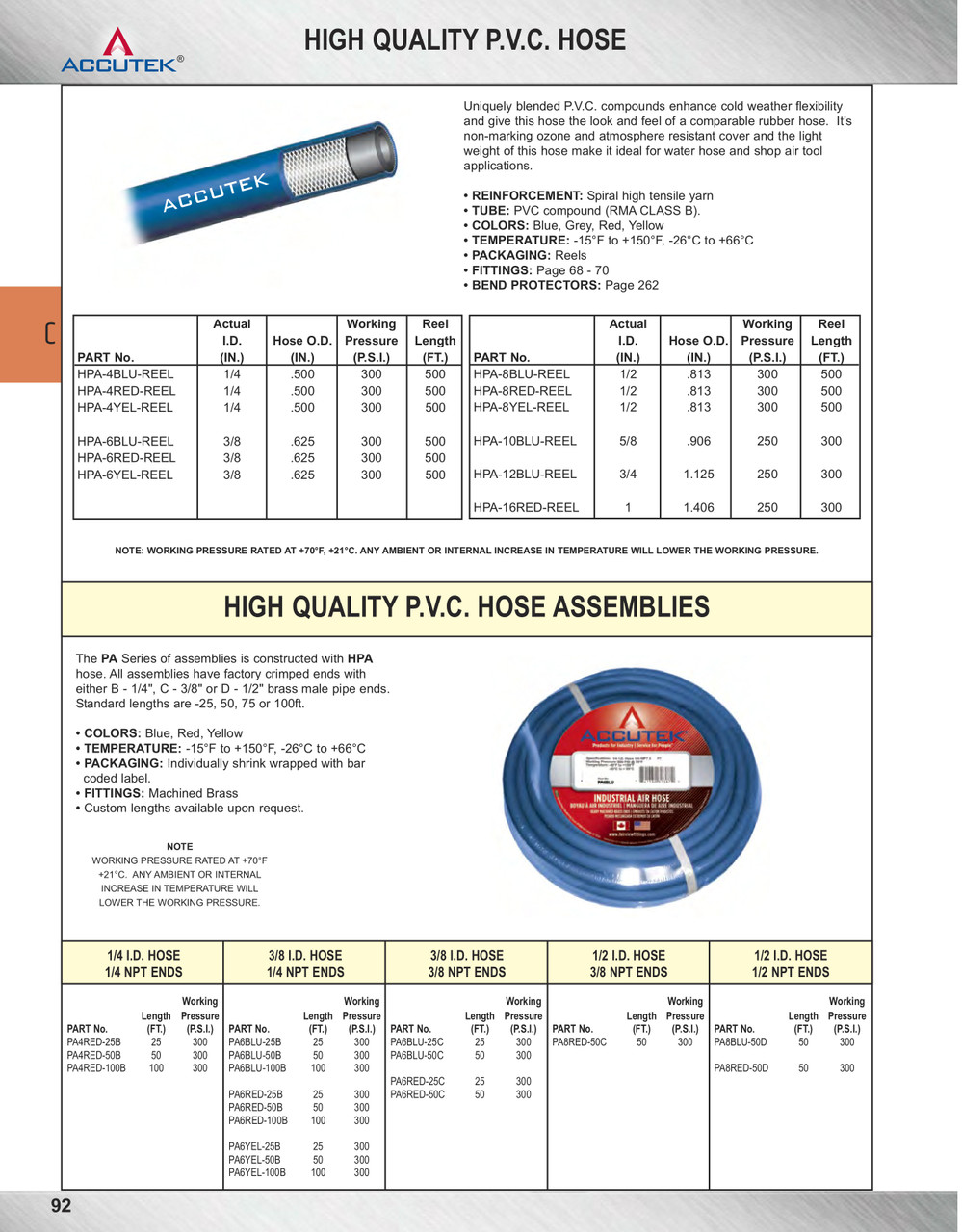 3/8 x 1/4" x 100' Blue PVC Air Hose Assembly  PA6BLU-100B
