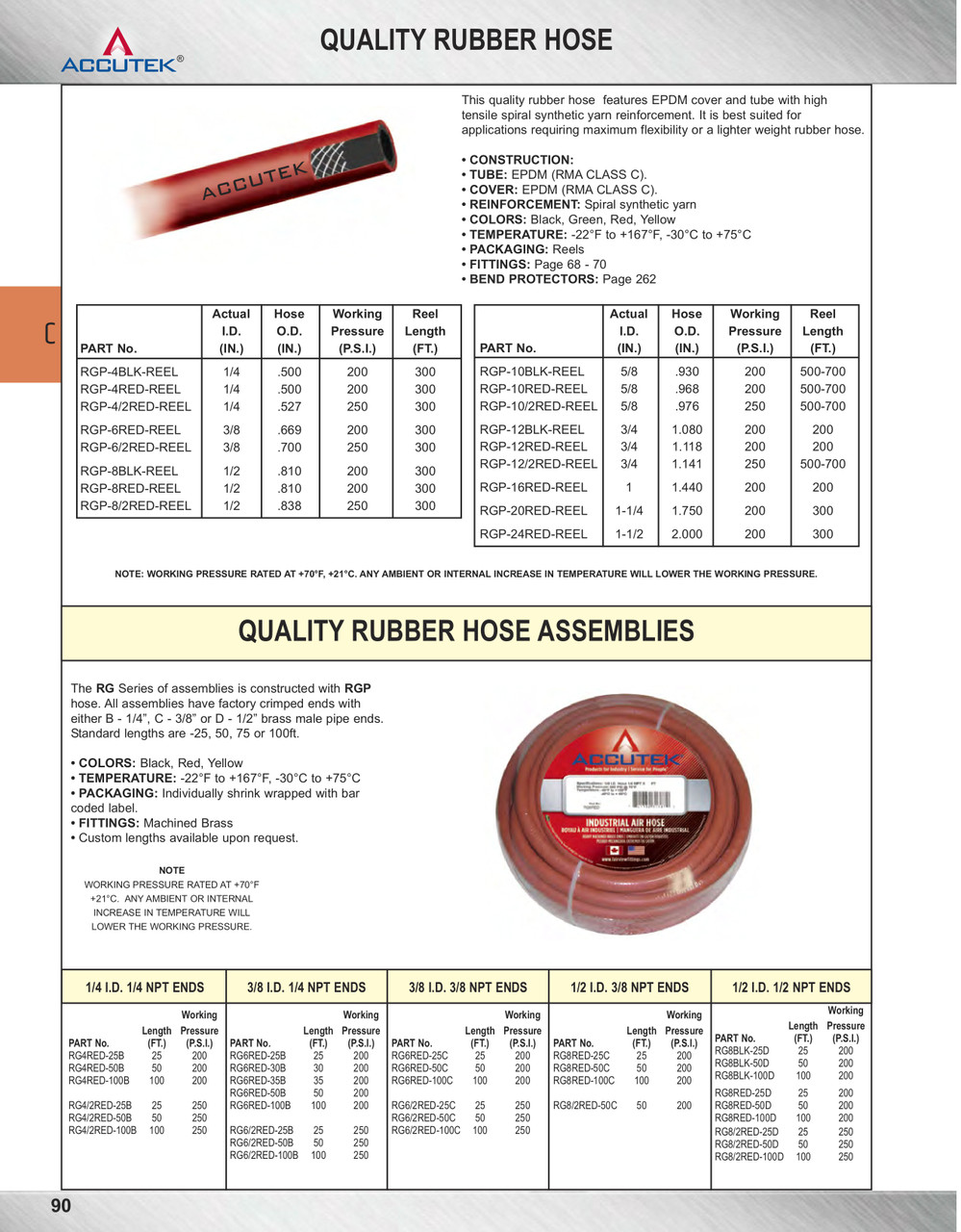 1/4 x 1/4" x 100' Red EPDM 250 PSI Rubber Air Hose Assembly - Brass Male NPT Ends  RG4/2RED-100B