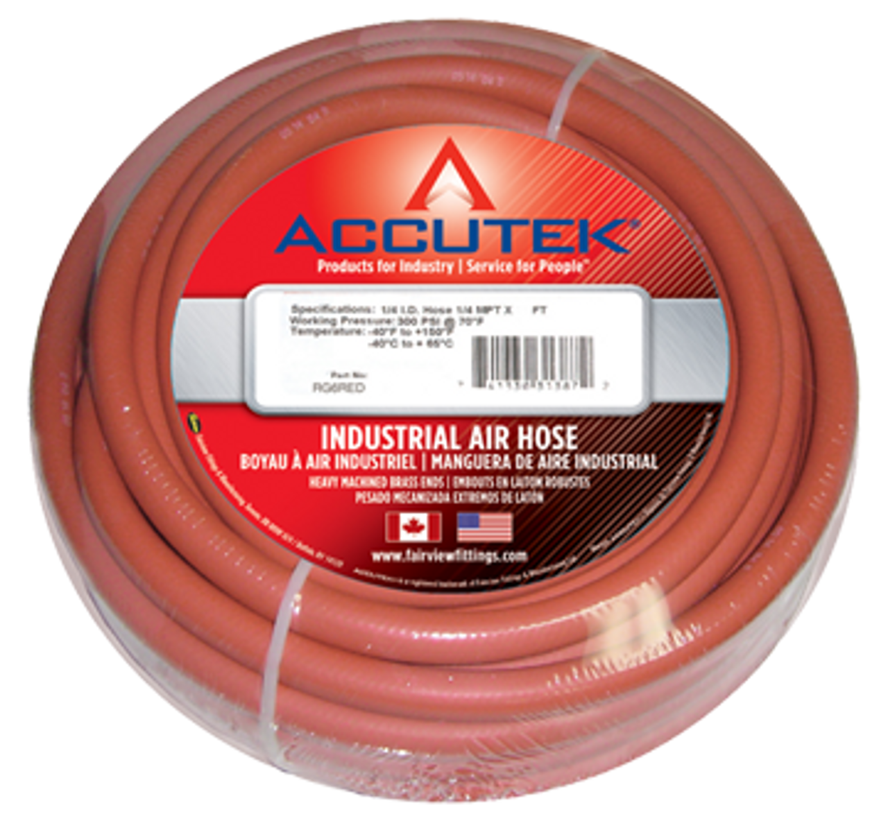 1/4 x 1/4" x 50' Red EPDM 250 PSI Rubber Air Hose Assembly - Brass Male NPT Ends  RG4/2RED-50B