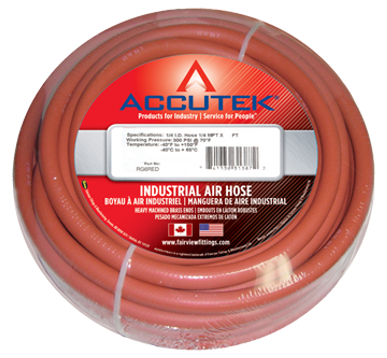 1/4 x 1/4" x 25' Red EPDM 200 PSI Rubber Air Hose Assembly - Brass Male NPT Ends  RG4RED-25B