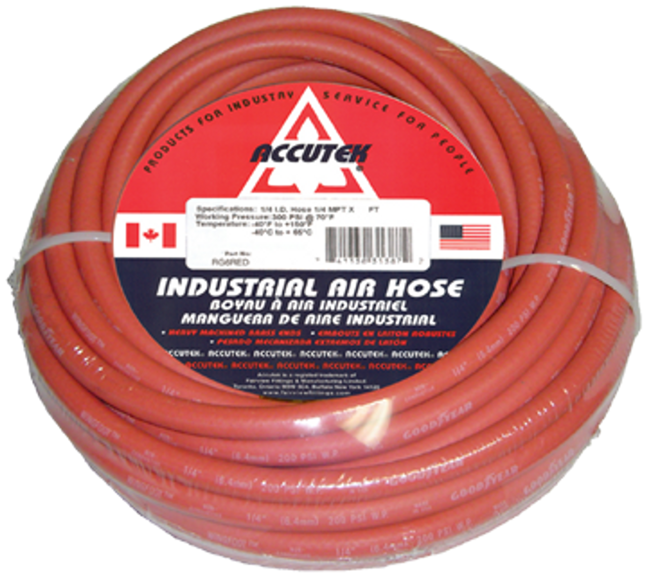 3/8 x 1/4" x 100' Red PVC/Nitrile 300 PSI Rubber Air Hose Assembly - Brass Male NPT Ends  RW6RED-100B