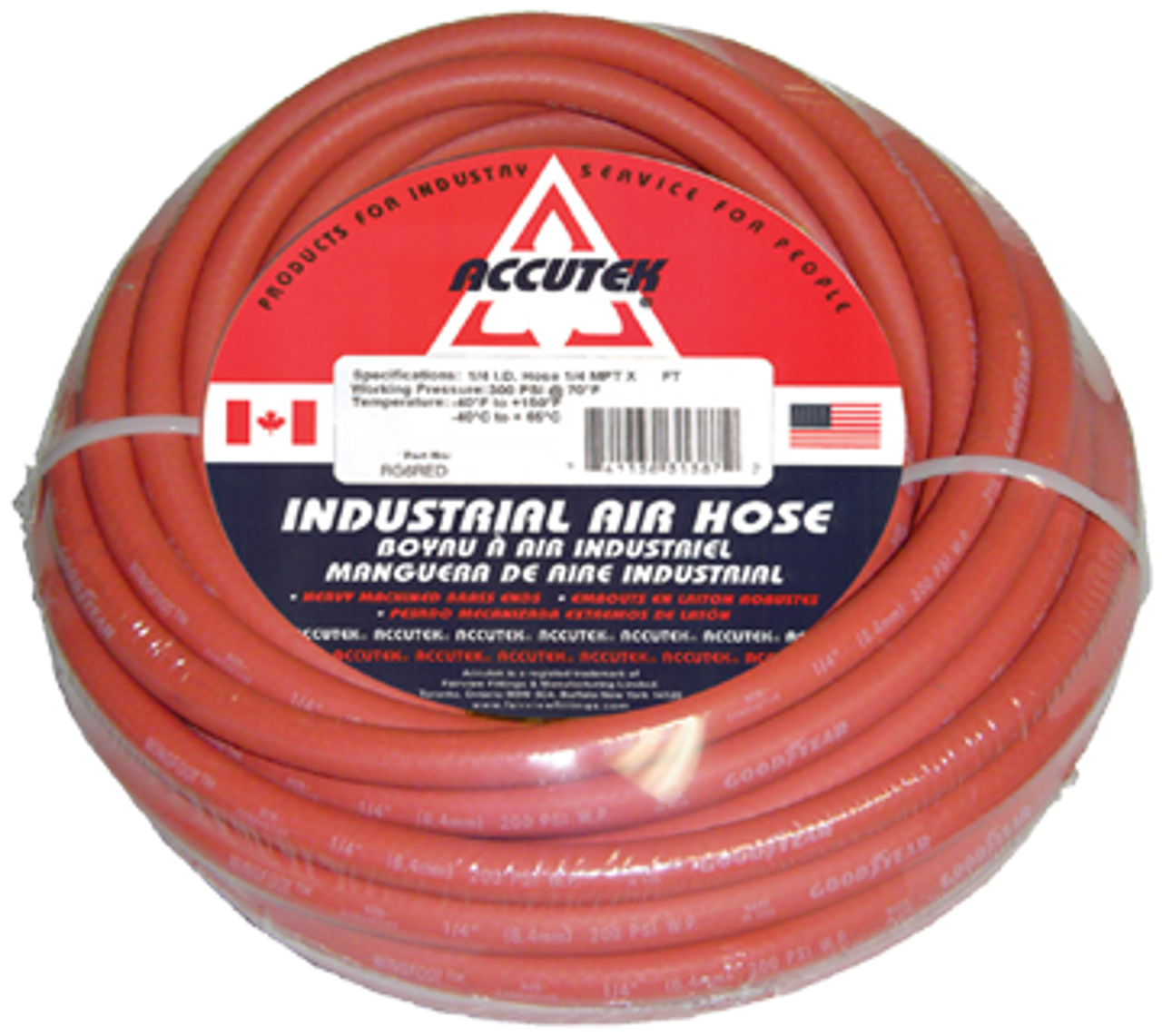 3/8 x 1/4" x 25' Red PVC/Nitrile 300 PSI Rubber Air Hose Assembly - Brass Male NPT Ends  RW6RED-25B
