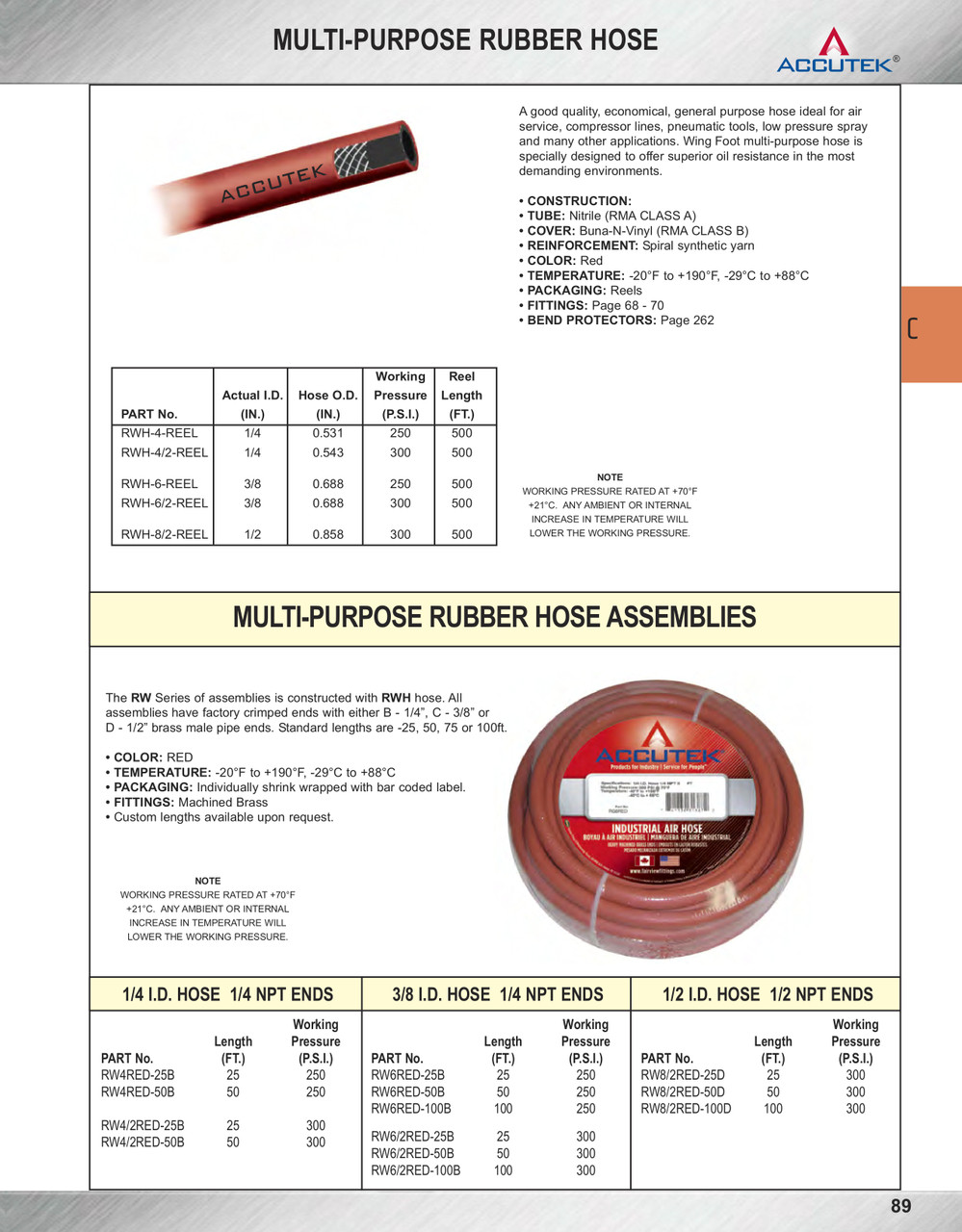 1/2 x 1/2" x 50' Red PVC/Nitrile 300 PSI Rubber Air Hose Assembly - Brass Male NPT Ends  RW8/2RED-50D