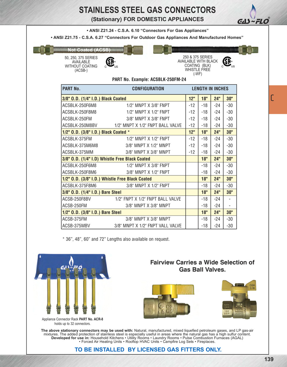 1/2 x 24" Female NPT - Male NPT Stainless Steel Natural Gas Hose Assembly  ACSB-375FM-24