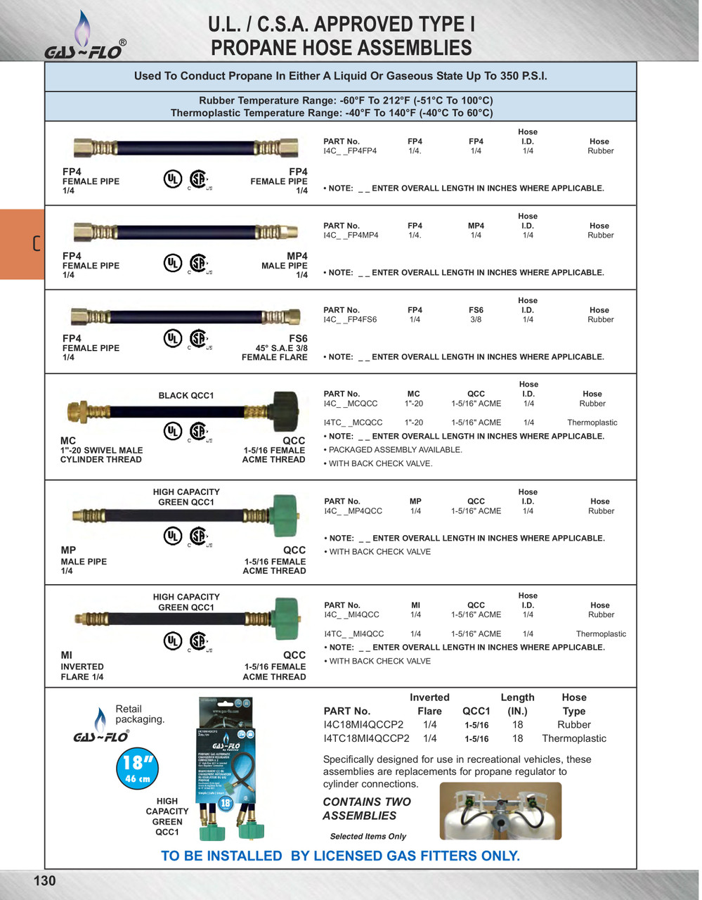1/4 x 120" Male 45° SAE Inverted Flare - Female QCC1 - Type I Nitrile Rubber Natural Gas Hose Assembly  I4C120MI4QCC
