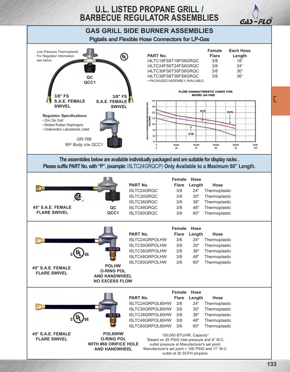 1/4 x 48" Female 45° SAE - Female QCC1 - Type I Nitrile Rubber BBQ Hose Assembly w/Regulator  I4C48GRQC